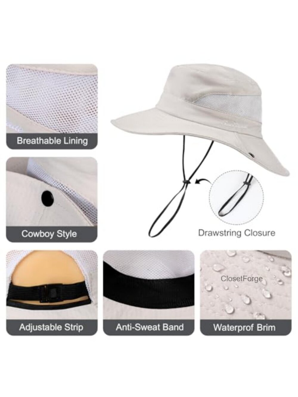 Women's Sun Hat with Ponytail Hole, UV Protection Foldable Beach Fishing Hat - Picture 2 of 6